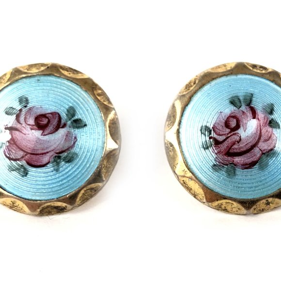 Screwback Enamel Button Earrings Sterling Silver 925 Hand Painted Flower Rose - Picture 2 of 3